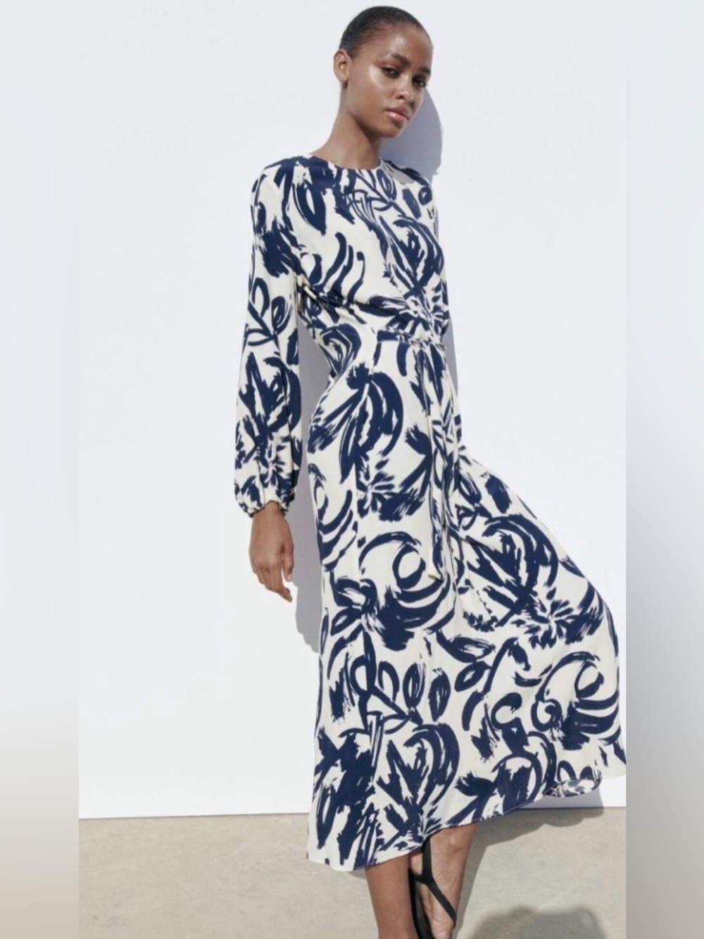 Zara Navy and Cream Abstract Print Maxi Dress